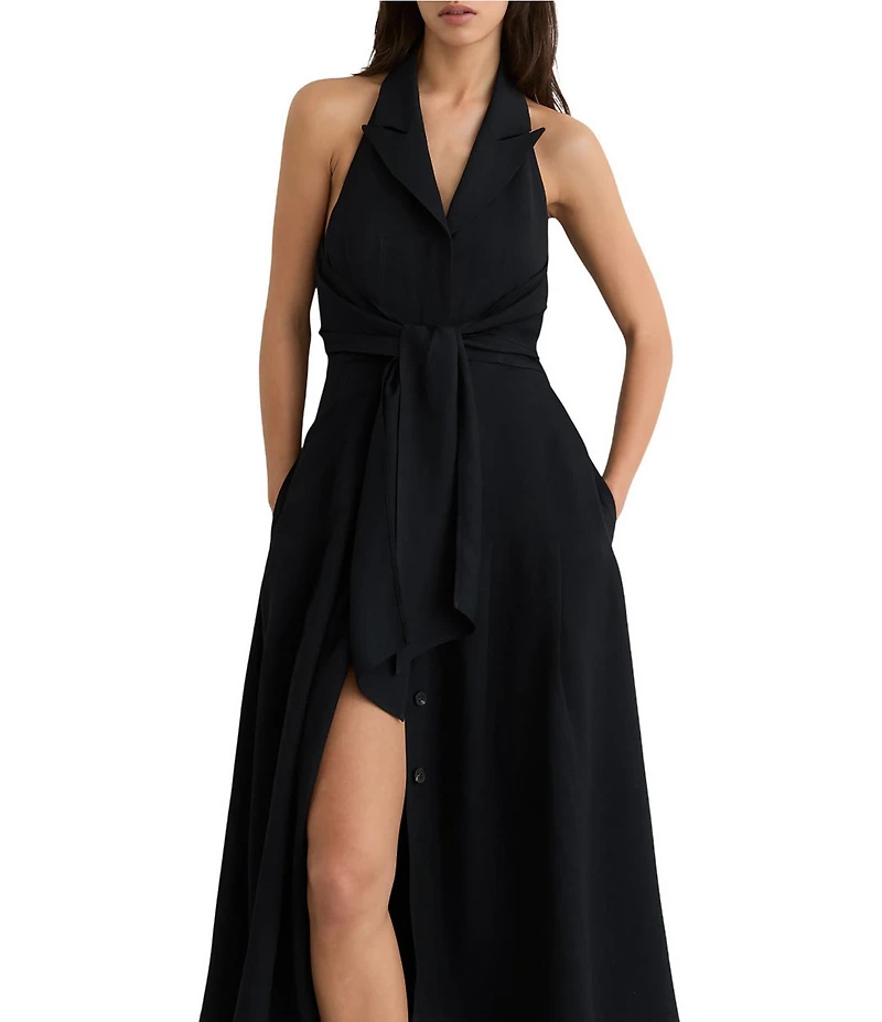 Reiss Tor Linen Blend Halter Neck Sleeveless Tie Wiast Fit & Flare Midi Dress