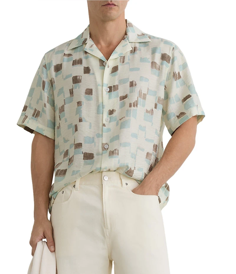 Reiss Vespucci Brushstroke Print Short Sleeve Woven Camp Shirt