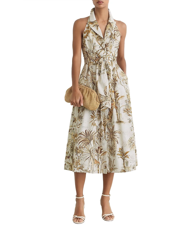 Reiss Woven Safari Print Halter Peak Lapel Collar Sleeveless Button-Front Midi Dress