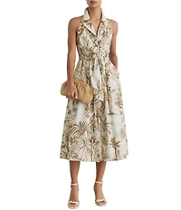 Reiss Woven Safari Print Halter Peak Lapel Collar Sleeveless Button-Front Midi Dress
