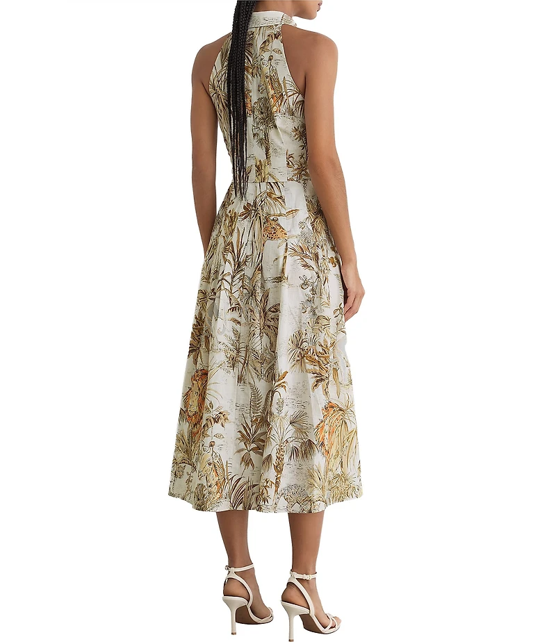 Reiss Woven Safari Print Halter Peak Lapel Collar Sleeveless Button-Front Midi Dress