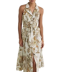 Reiss Woven Safari Print Halter Peak Lapel Collar Sleeveless Button-Front Midi Dress