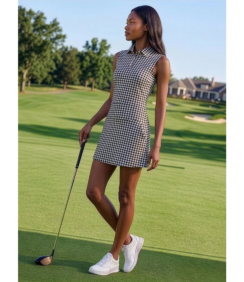RHONE Course To Court Gingham Polo Neck Sleeveless Top