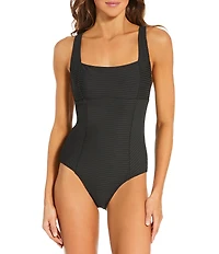 Rip Curl Premium Surf Solid Ribbed Square Neck D-DD Bra Size Underwire One Piece Swimsuit