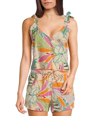 Rip Curl Vadella Tropical Palm Print Tie Straps Coordinating Cropped Tank Top