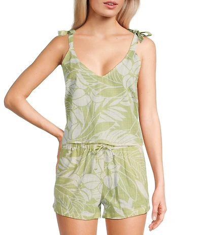 Rip Curl Vadella Tropical Palm Print Tie Straps Coordinating Cropped Tank Top