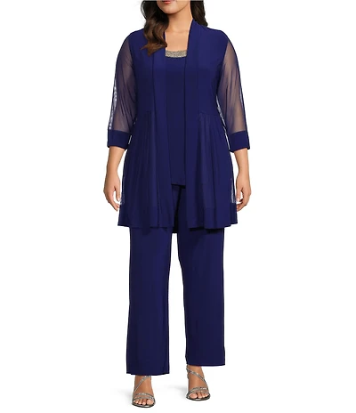 R & M Richards Plus Size Scoop Neck 3/4 Sleeve Beaded Detail Top & Sheer Knit Jacket 2-Piece Pull-On Pant Set