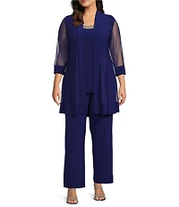 R & M Richards Plus Size Scoop Neck 3/4 Sleeve Beaded Detail Top & Sheer Knit Jacket 2-Piece Pull-On Pant Set