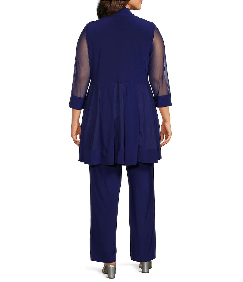R & M Richards Plus Size Scoop Neck 3/4 Sleeve Beaded Detail Top & Sheer Knit Jacket 2-Piece Pull-On Pant Set