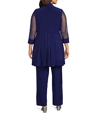 R & M Richards Plus Size Scoop Neck 3/4 Sleeve Beaded Detail Top & Sheer Knit Jacket 2-Piece Pull-On Pant Set
