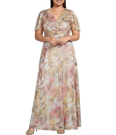 R&M Richards Plus Size Foil Print Crinkle Sheer Knit Flutter Sleeve Gown