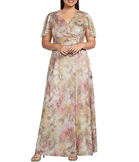 R&M Richards Plus Size Foil Print Crinkle Sheer Knit Flutter Sleeve Gown