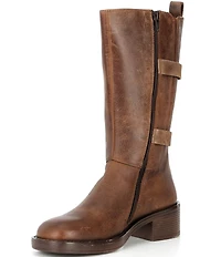 Roan Iceberg Distressed Leather Buckle Hardware Mid Calf Moto Boots