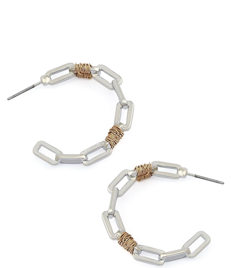 Robert Lee Morris Soho Two Tone Paper Clip Frozen Chain Medium Hoop Earrings