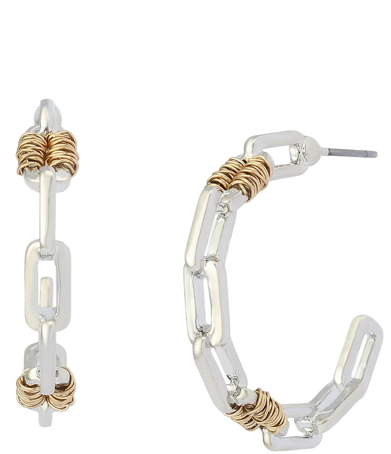 Robert Lee Morris Soho Two Tone Paper Clip Frozen Chain Medium Hoop Earrings
