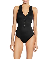 ROBIN PICCONE Amy Solid High V-Neck Open Back One Piece Swimsuit