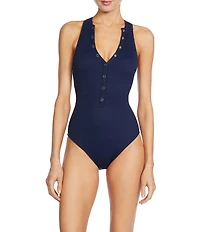 ROBIN PICCONE Amy Solid High V-Neck Open Back One Piece Swimsuit