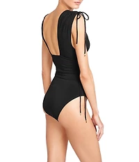 ROBIN PICCONE Aubrey Solid Flattering Plunge V-Neck Tummy Control One Piece Swimsuit