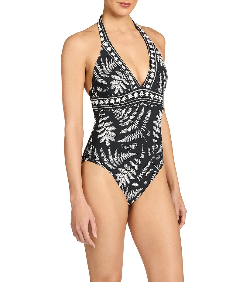 ROBIN PICCONE Hailey Plunge Neck Halter One Piece Swimsuit