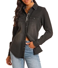Rock & Roll Denim Point Collar Long Sleeve Button Front Patch Pocket Shirt