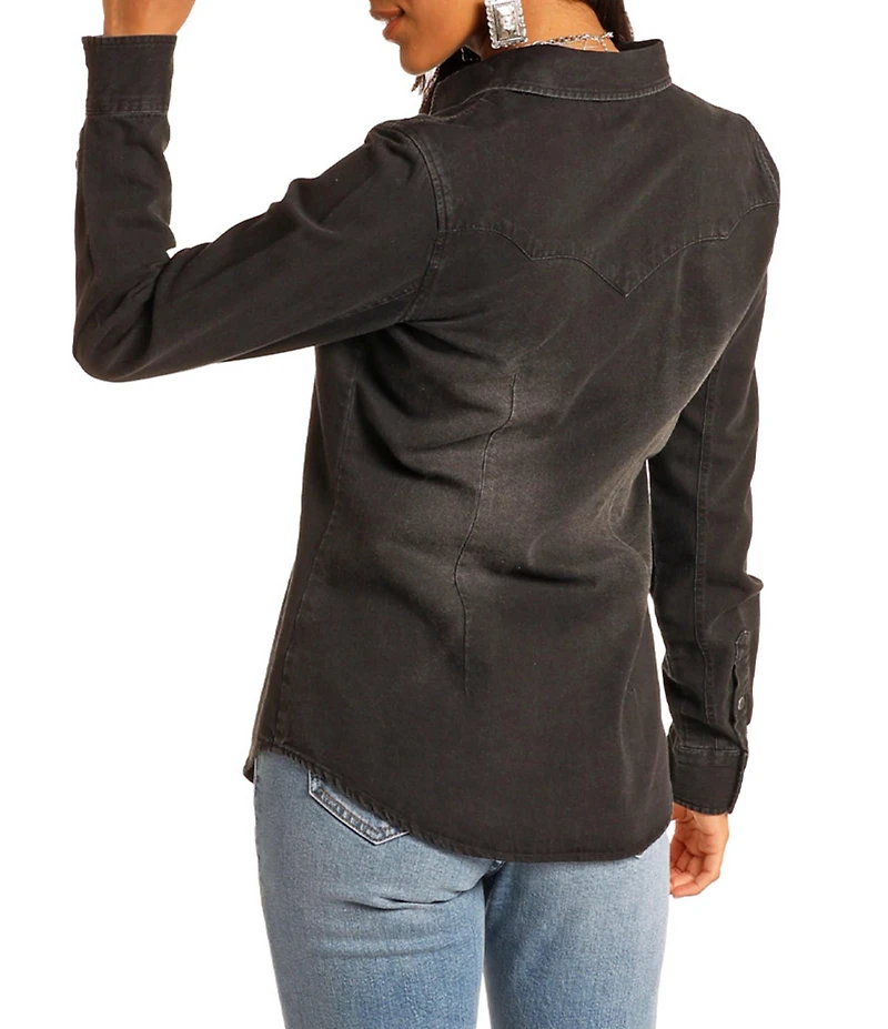 Rock & Roll Denim Point Collar Long Sleeve Button Front Patch Pocket Shirt