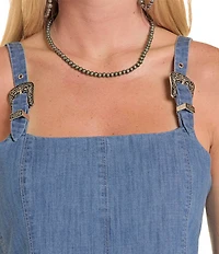 Rock & Roll Denim Buckle Square Neck Fit-And Flare Denim Dress