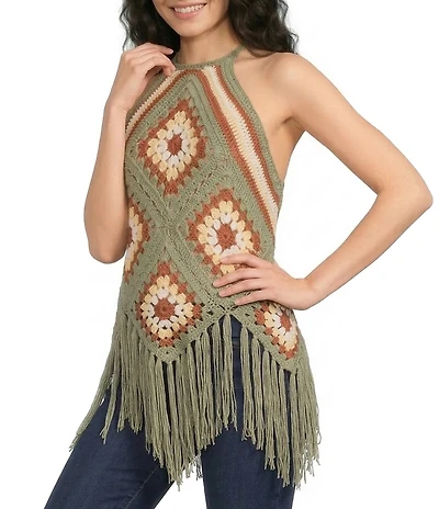 Rock & Roll Denim Crochet Halter Neck Sleeveless Fringe Tank Top