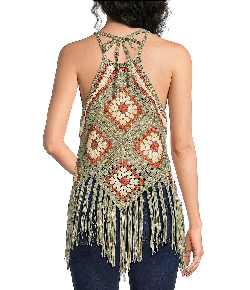 Rock & Roll Denim Crochet Halter Neck Sleeveless Fringe Tank Top