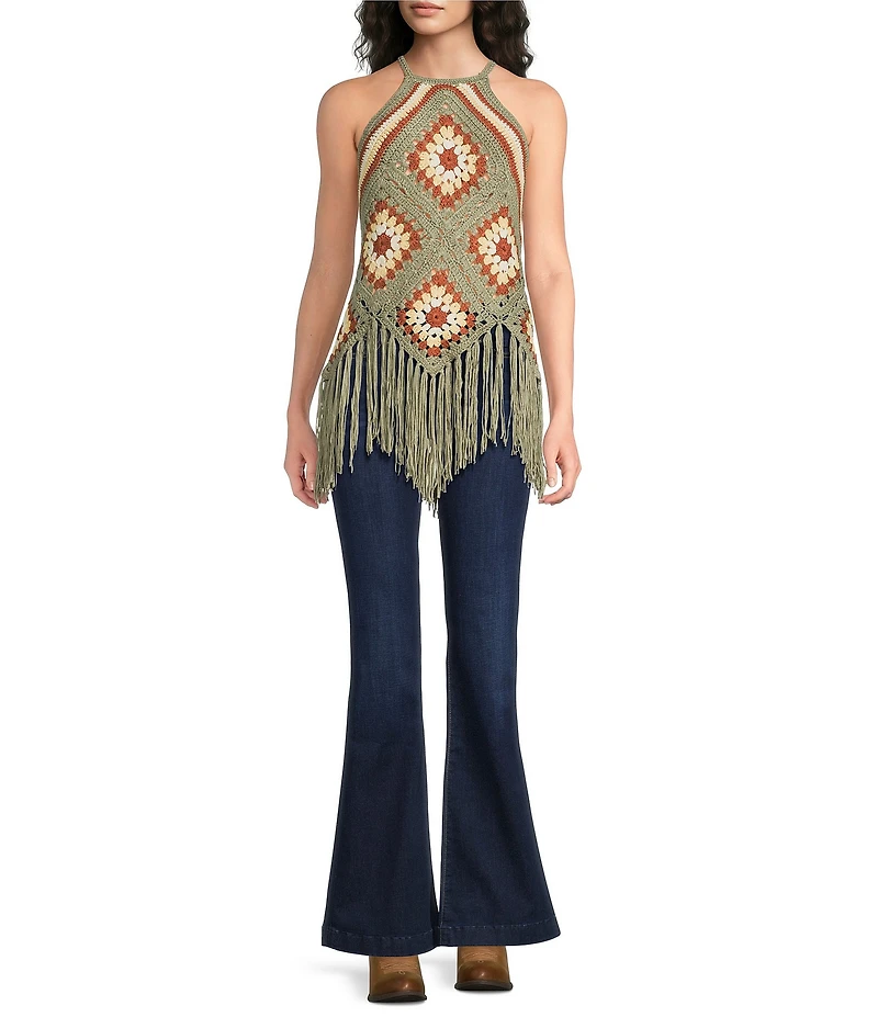 Rock & Roll Denim Crochet Halter Neck Sleeveless Fringe Tank Top