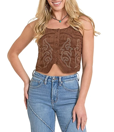 Rock & Roll Denim Western Embroidered Suede Square Neck Sleeveless Vest