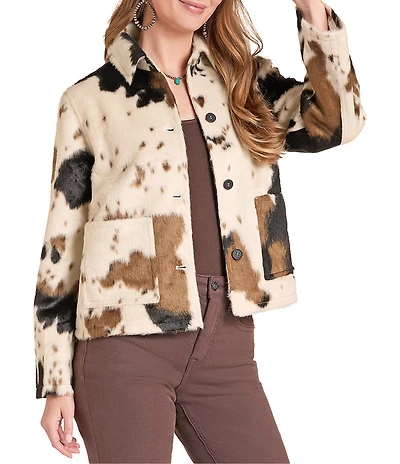 Rock & Roll Denim Faux Cowhide Print Point Collar Long Sleeve Statement Jacket