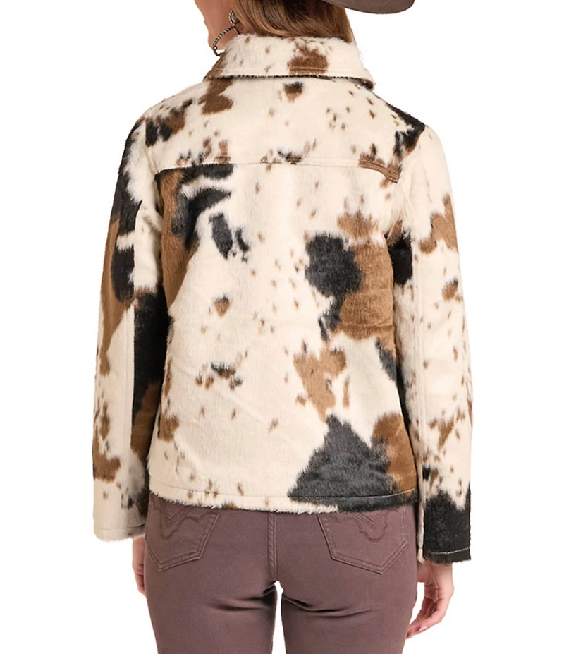 Rock & Roll Denim Faux Cowhide Print Point Collar Long Sleeve Statement Jacket