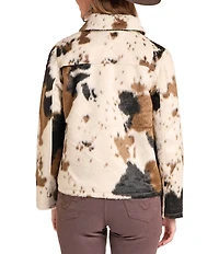 Rock & Roll Denim Faux Cowhide Print Point Collar Long Sleeve Statement Jacket