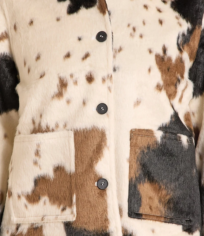 Rock & Roll Denim Faux Cowhide Print Point Collar Long Sleeve Statement Jacket