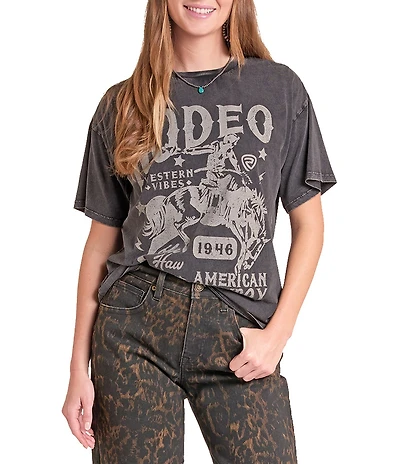 Rock & Roll Denim Front Rodeo Graphic Crew Neck Short Sleeve Tee Shirt