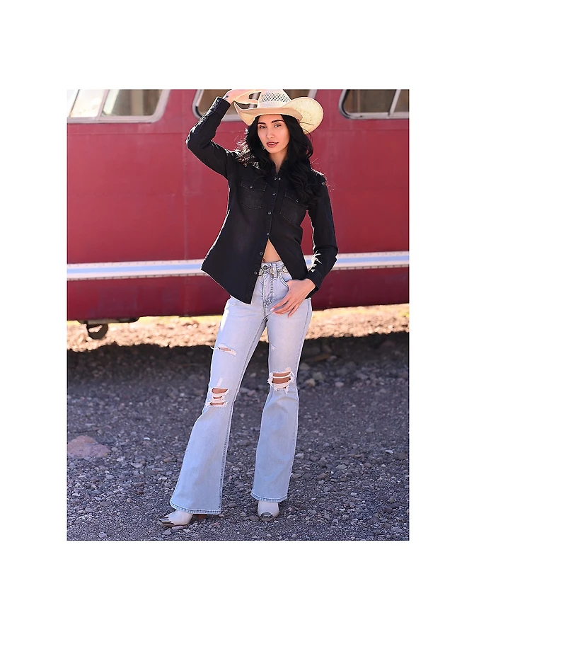 Rock & Roll Denim High Rise Full Length Distressed Flare Leg Jeans