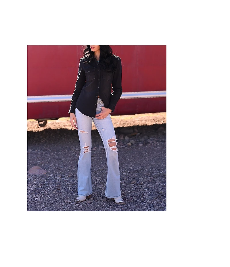 Rock & Roll Denim High Rise Full Length Distressed Flare Leg Jeans