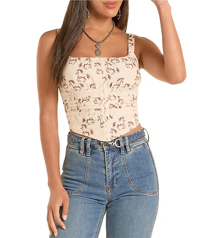 Rock & Roll Denim Horse Print Square Neck Sleeveless Corset Top