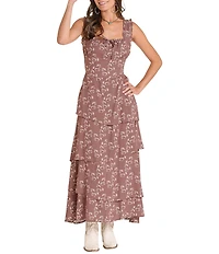 Rock & Roll Denim Horse Print Square Neck Sleeveless Tiered Dress