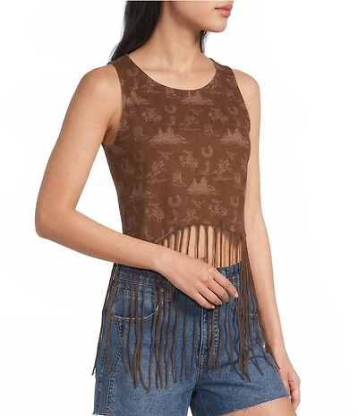 Rock & Roll Denim Knit Stretch Cotton Blend Scoop Neck Sleeveless Fringe Tank Top