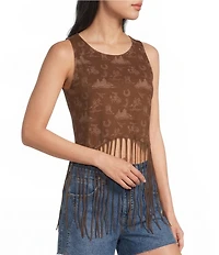 Rock & Roll Denim Knit Stretch Cotton Blend Scoop Neck Sleeveless Fringe Tank Top