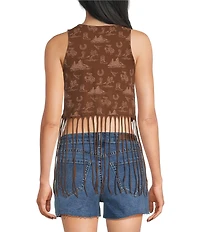 Rock & Roll Denim Knit Stretch Cotton Blend Scoop Neck Sleeveless Fringe Tank Top