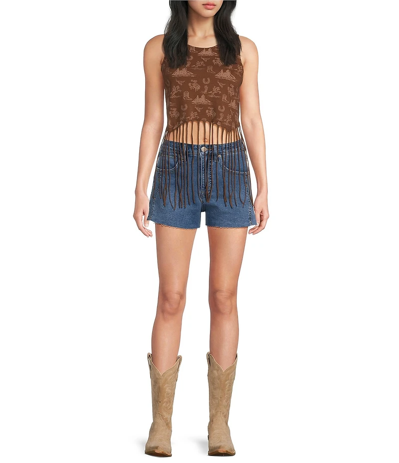 Rock & Roll Denim Knit Stretch Cotton Blend Scoop Neck Sleeveless Fringe Tank Top