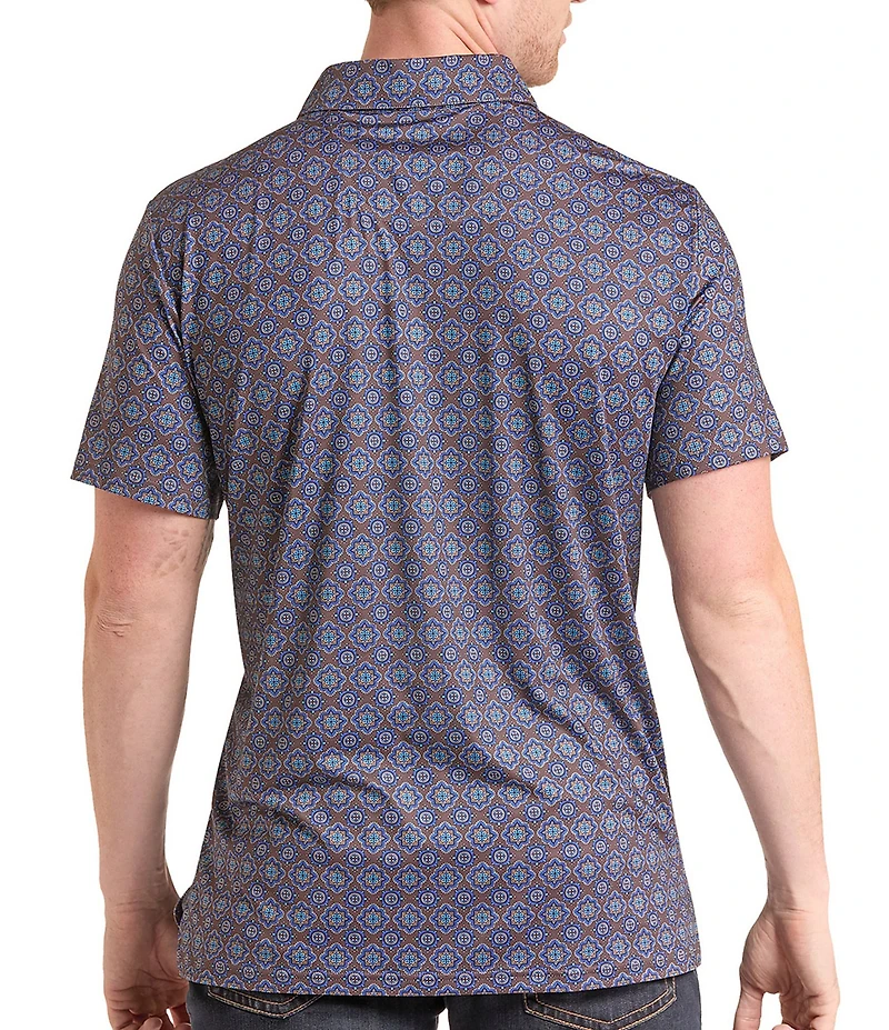 Rock & Roll Denim Medallion Printed Short Sleeve Polo
