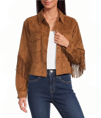Rock & Roll Denim Micro Suede Point Collar Long Sleeve Fringe Jacket