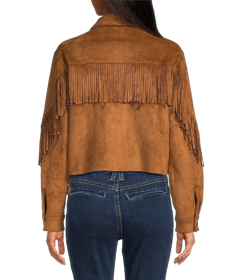 Rock & Roll Denim Micro Suede Point Collar Long Sleeve Fringe Jacket