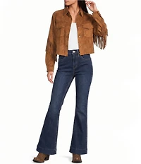 Rock & Roll Denim Micro Suede Point Collar Long Sleeve Fringe Jacket