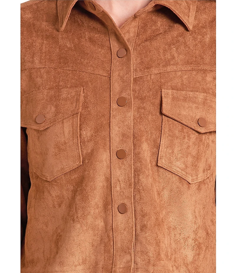 Rock & Roll Denim Micro Suede Point Collar Long Sleeve Fringe Jacket