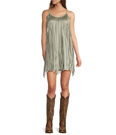 Rock & Roll Denim Microsuede Fringe Scoop Neck Sleeveless Sheath Dress