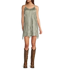 Rock & Roll Denim Microsuede Fringe Scoop Neck Sleeveless Sheath Dress